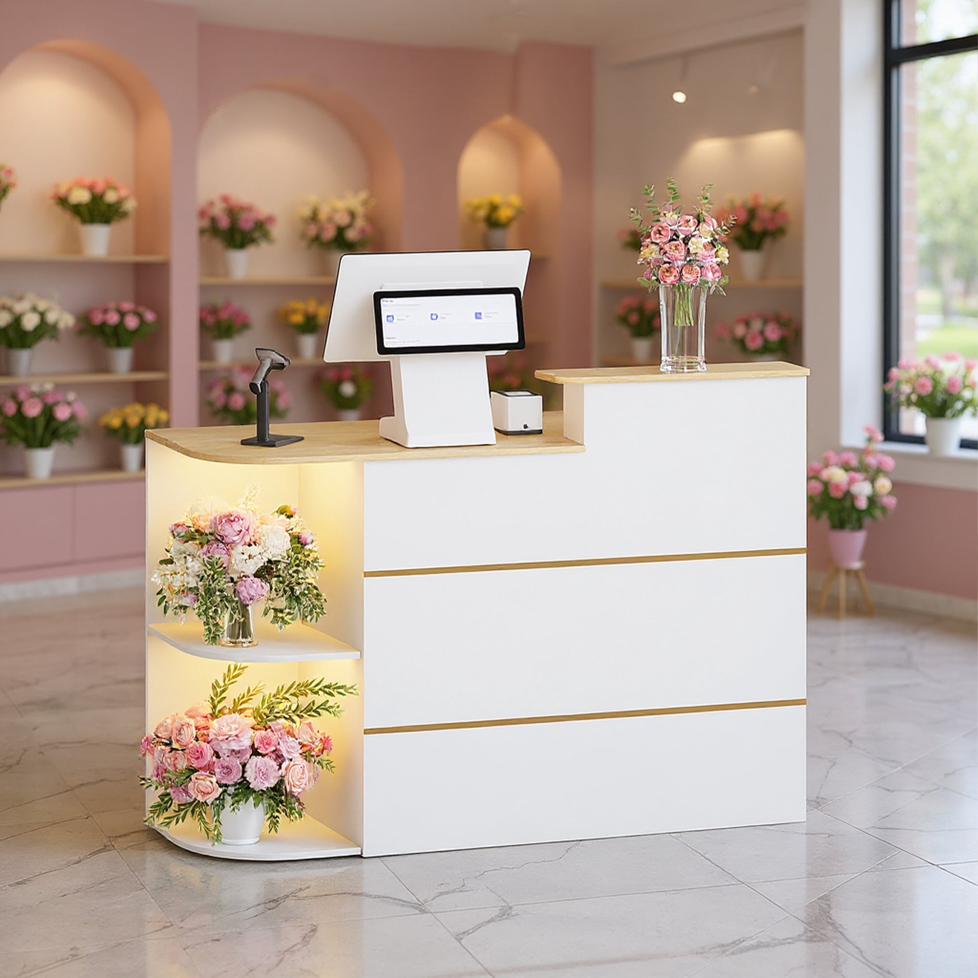 Advwin Modern Reception Desk with LED Light, Power Outlets, Lockable Drawer & Storage Shelves, Front Desk Counter Table for Office, Lobby, Spa, Nail Salon, White & Wood