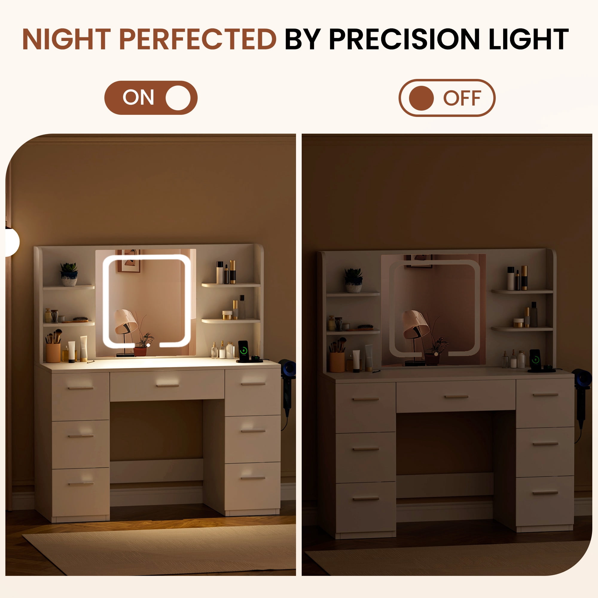 LIVELYGLOW Vanity Desk with Smart LED Lighted Mirror, Built-in Power Outlet, Large Storage Drawer, Modern Minimalist Makeup Dressing Table for Bedroom,White