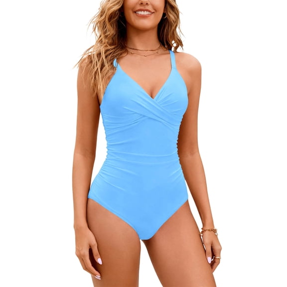 PWPSG Twist Cross V Neck One-Piece Swimsuit Tummy Control Slimming Bathing Suit for Beach Vacation Blue XL