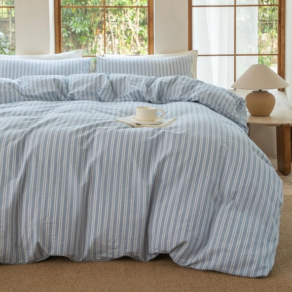 100% Washed Cotton Linen Like Duvet Cover Set,3 Pcs Striped Duvet Cover with Zipper Closure(Strip-Cornflower Blue/White,Queen)