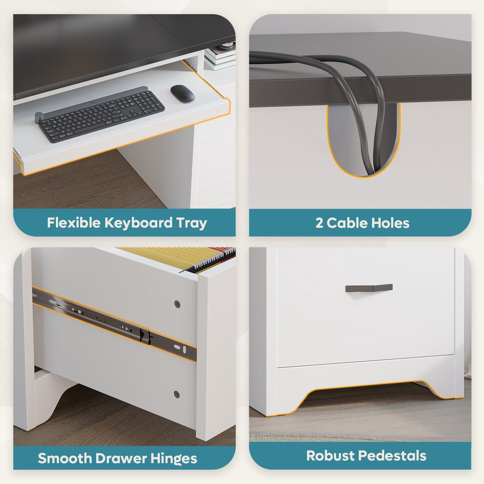Bestier 59''Computer Desk with 4 Drawers,Office Desk with Storage,Modern Executive Desk with File Drawer, Office Desk with Charging Station, Keyboard Tray for Home office, Study & Bedroom，White
