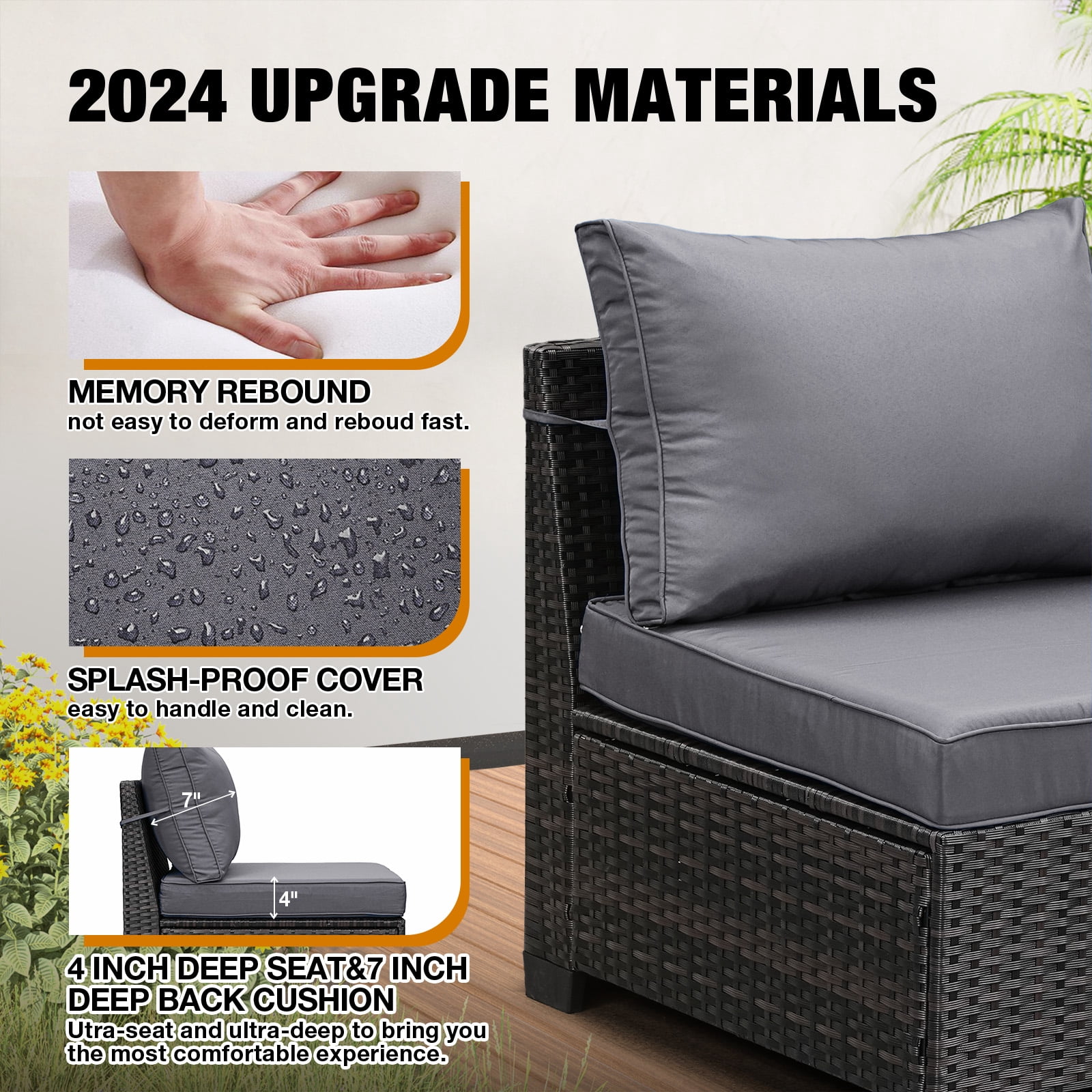 JOYURE 6 Pieces Patio Furniture set All-Weather Outdoor Wicker Sectional Conversation Sofa Rattan patio seating sofa with cushion and Glass Table and Ottoman for Porch Poolside,Grey
