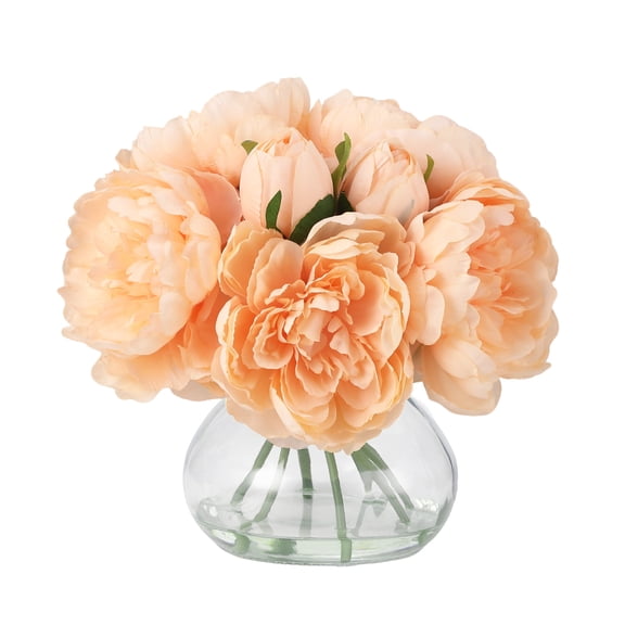 Artificial Peonies Flowers with Vase, Mixed Champagne Silk Peony Bouquet with Faux Water in Glass Vase, Lifelike Fake Peonies Floral Arrangement for Table Centerpiece, Wedding, Party, Home Decor