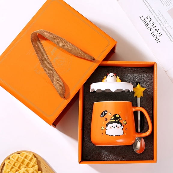 Whyan Cute Halloween Pumpkin Mug with Lid, 320ml Ceramic Coffee Cup, Heat-Resistant Handle, for Home Office Daily Use, Fun Fall Gift