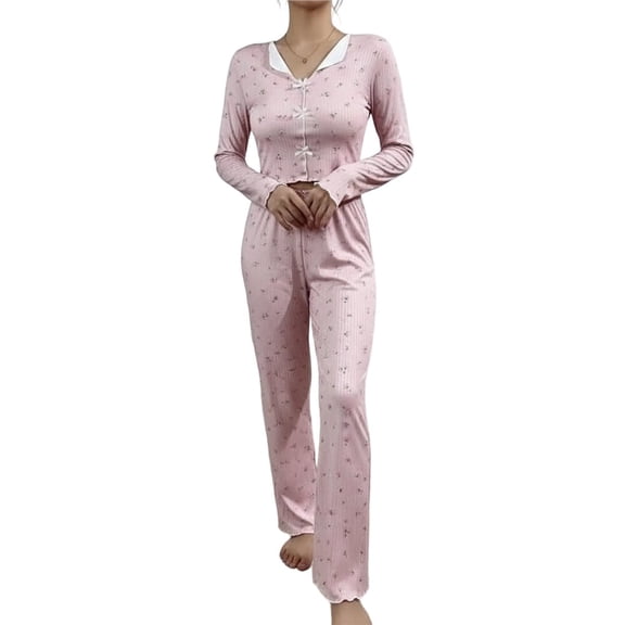 Womens Cute Long Sleeve Pajama Set Ribbed Top and Pants Sleepwear 2 Piece Pjs Pink M