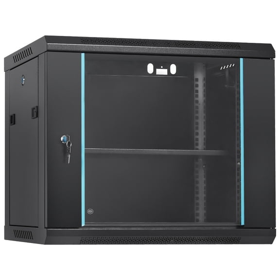VEVOR 9U Wall-Mounted Server Network Cabinet, 15.5'' Depth, Secure Rack Enclosure, Supports up to 200 lbs, Features Lockable Glass Door and Side Panels, Ideal for IT and A/V Gear