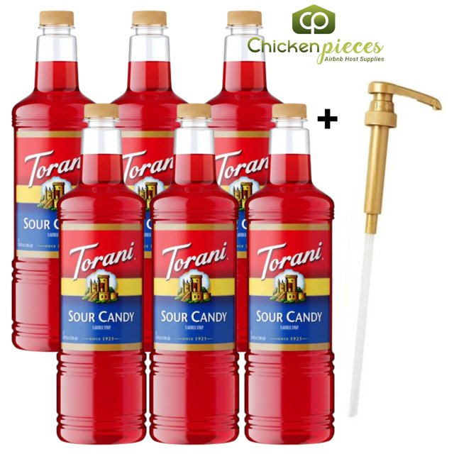 Torani Sour Candy Flavoring Syrup, Professional "Pucker-Power" Tart Base, Shatter-Resistant 1L Plastic Bottle + Bonus Squeeze Pump