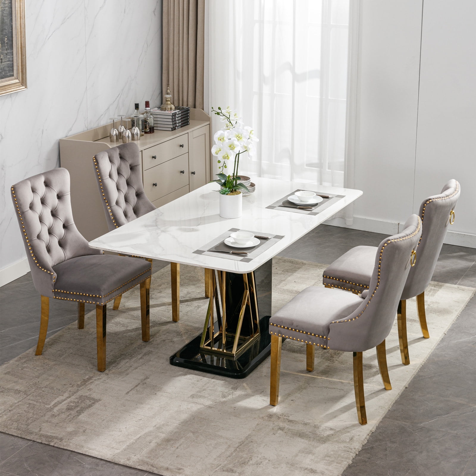 Gewnee Set of 2 Modern Velvet Tufted High Back Dining Chairs,Upholstered Armless Side Chairs with Metal Legs & Nailhead Trim for Kitchen Dining Room,Gray