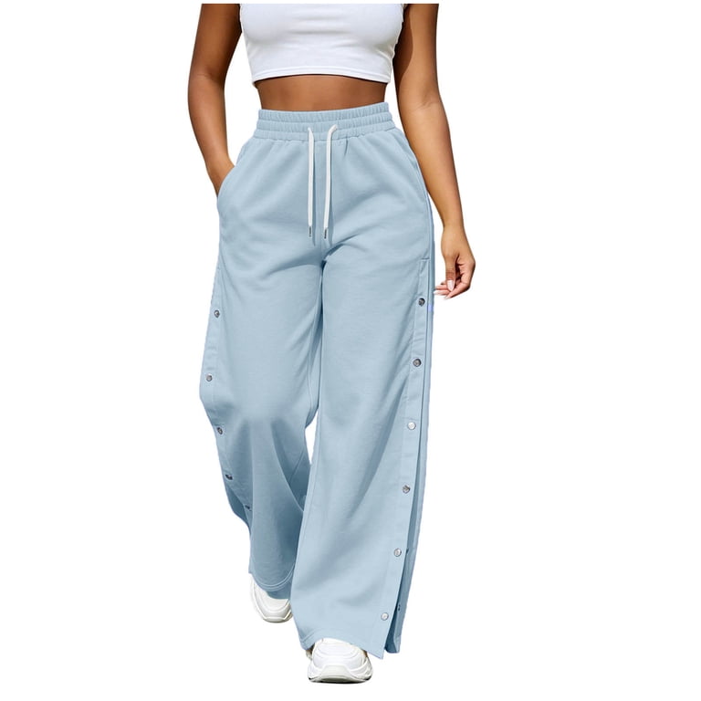 Ahabrexf Women's High Waist Wide Leg Pants Drawstring Side Button Split ...