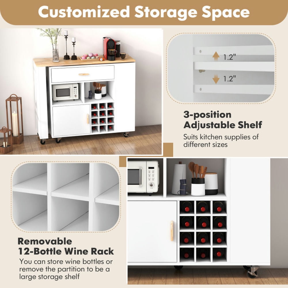 Finihen Rolling Storage Cabinet Cart, Kitchen Island Cart, Reversible Folding Kitchen Island Cart with Wine Rack and Spice Rack, for Kitchen, Dining Room, White Finihen Rolling Storage Cabinet Cart, Kitchen Island Cart, Reversible Folding Kitchen Island Cart with Wine Rack and Spice Rack, for Kitchen, Dining Room, White