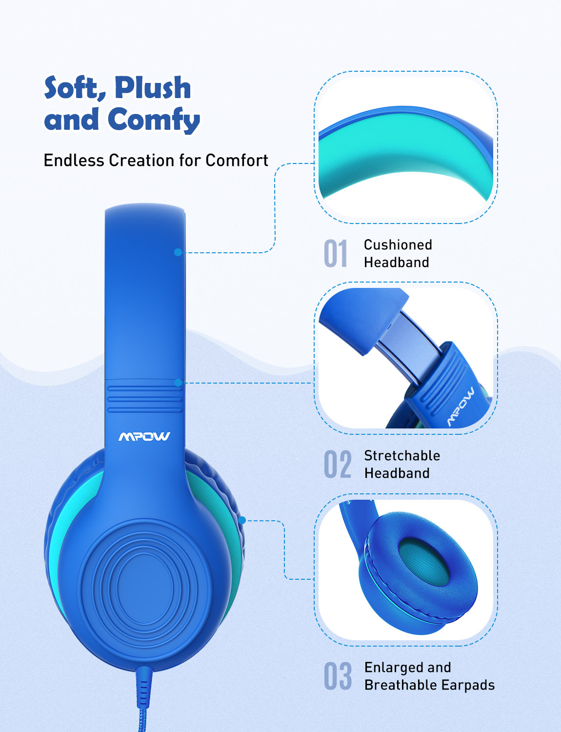 Mpow CH6S Kids Headphones with Microphone, Blue photo 8