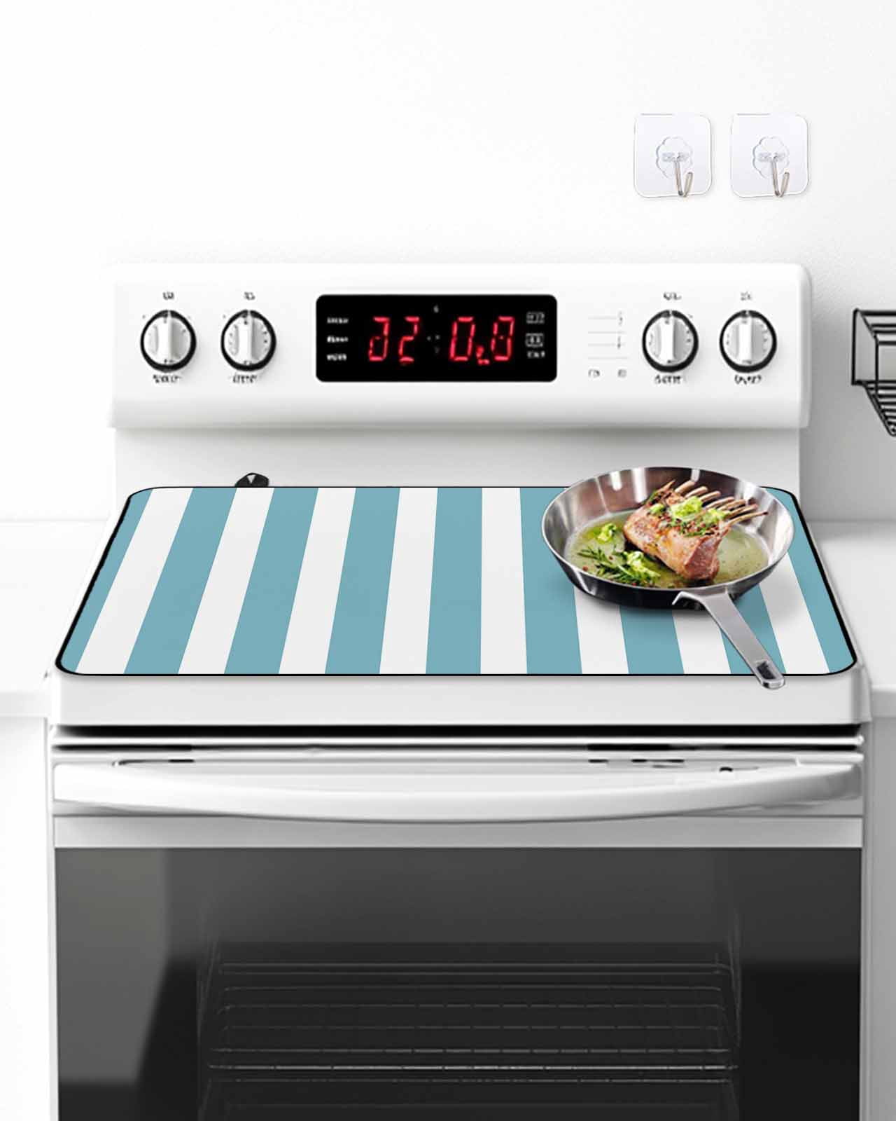 Stove Top Covers for Electric Stove, Aqua Striped Glass Stovetop Cover Protector, Modern Farmhouse Blue White Stripes Induction Cooktop Protector Oven Mat for Kitchen Countertop 28.5"x20.5"