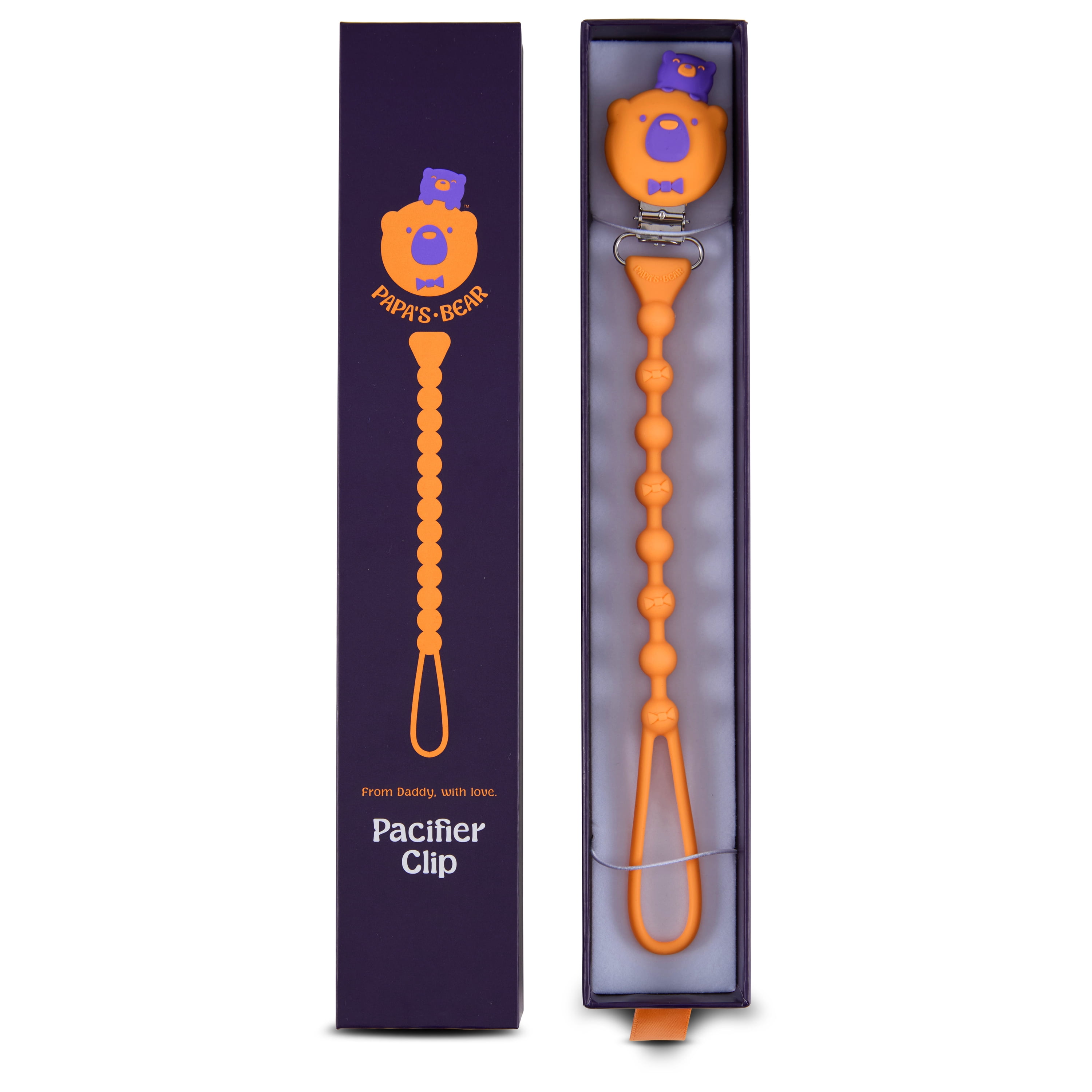 Papa’s Bear From Daddy with Love Silicone Pacifier Clip, Orange and Purple Pacifier Holder for Babies, 1 Count