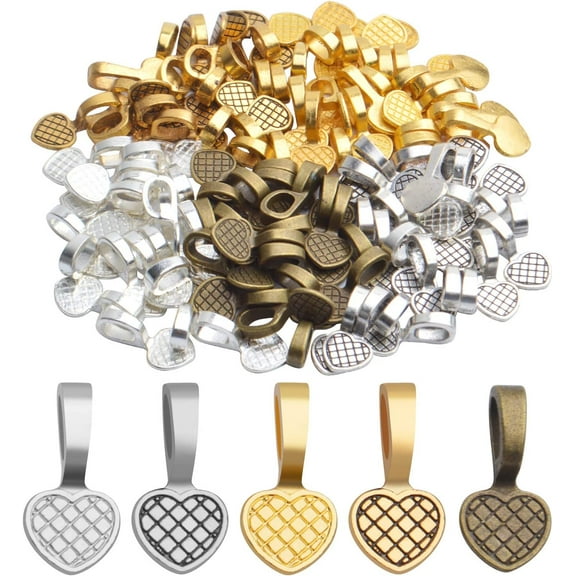 Flat Pendant Bails, 100pcs Heart Bails of 5 Colors Alloy Glue on Bails Heart Shaped Pendant Bails Earring Accessories for Jewelry DIY Craft Making Necklace, 19 9.5mm