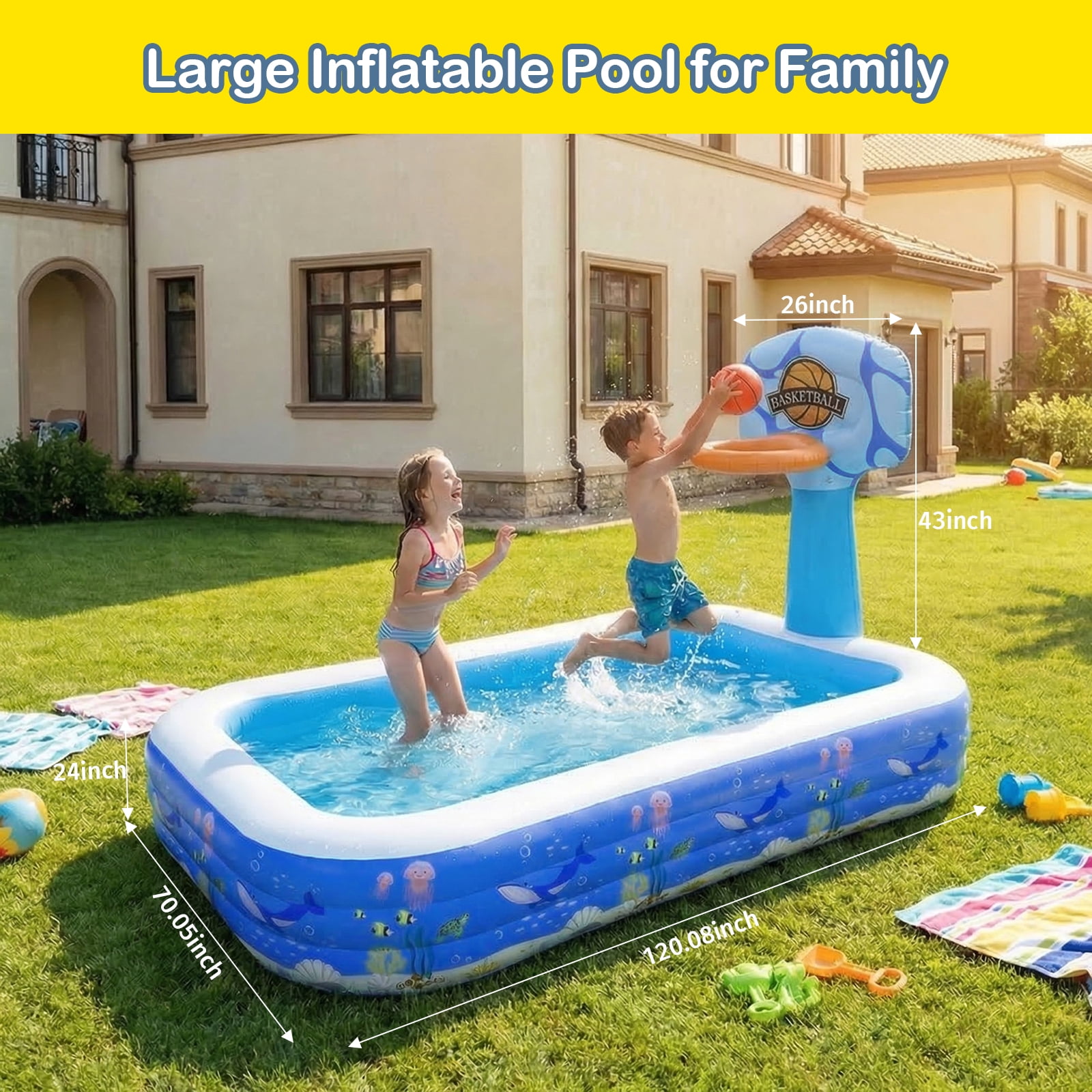 Mibote Inflatable Swimming Pool, 120" x 72" x 24" Blow up Pool for Kids Toddler Adults Family, Backyard Outdoor