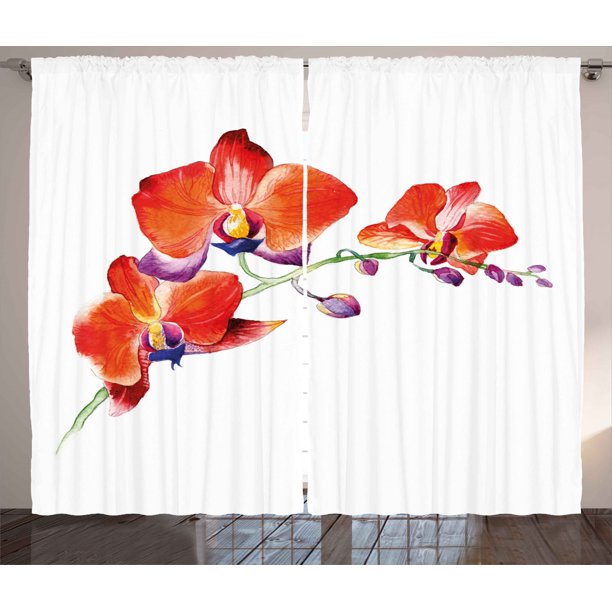 Floral Curtains 2 Panels Set, Orchid Flower Branch with Vivid Color