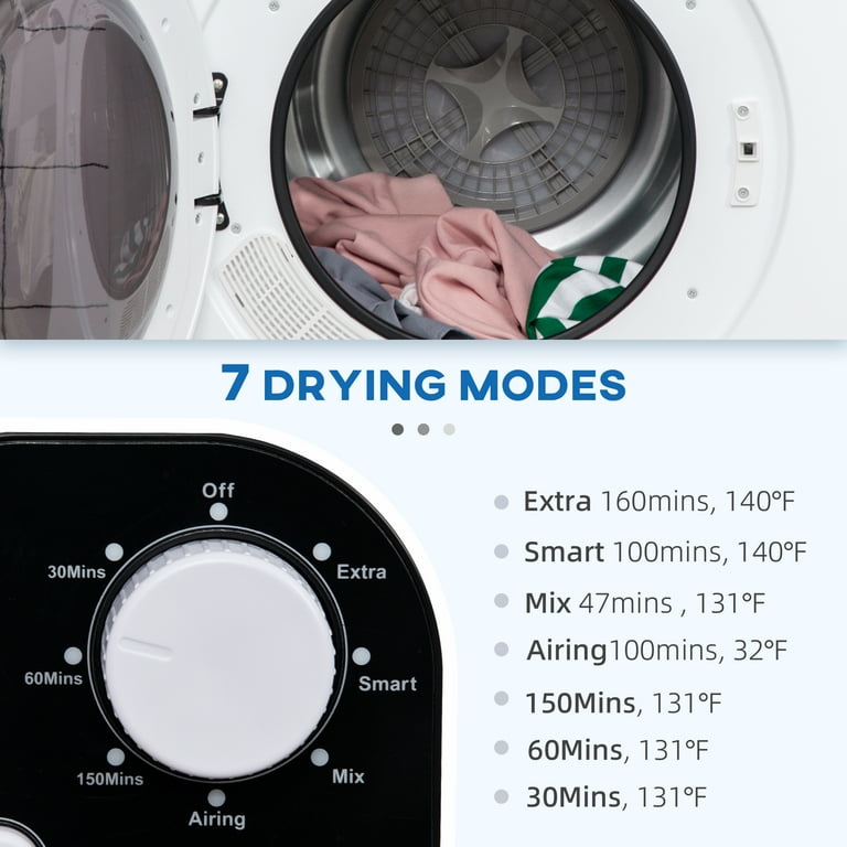 HOMCOM Compact Laundry Dryer Machine, 1300W, 3.22 Cu. ft. Electric Portable Clothes Dryer with 7 Drying Modes for Apartment or Dorm, White