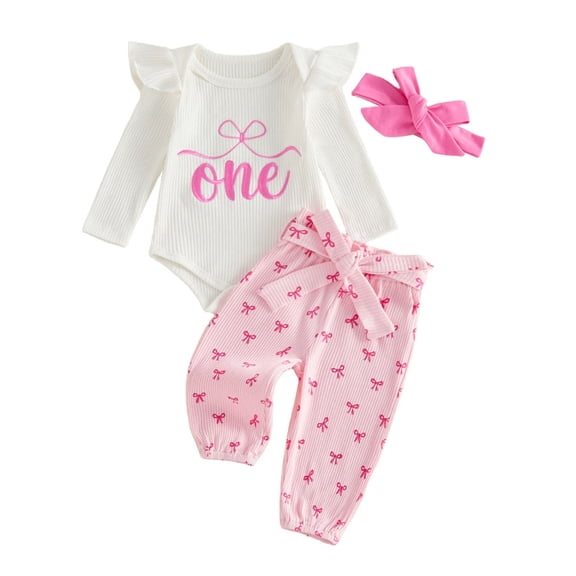 TOWED22 Baby Girl Clothes Newborn 0 3 6 12 18 24 Months Fall Outfits Ruffle Knitted Long Seeve Romper Top & Flare Pants Sets,Color: White,Size:12-18 M