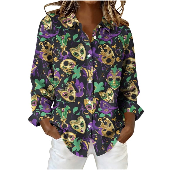 Women's Carnival Shirt, Carnival Print Long Sleeve Top, Button Down Festival Blouse, Comfortable Stretch Fabric, for Party Casual Wear
