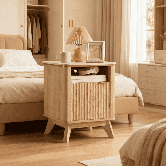 Fluted Nightstands with Charging Station, 18" Modern Side Table, Wooden Bedside Table with Faux Marble Top