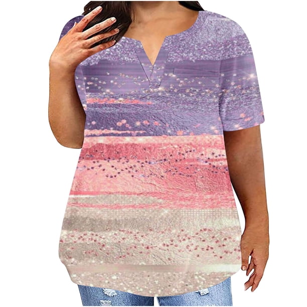Fiudx Ofertas Flash Del Día Blusas de Talla Grande para Mujer, Blusa con Cuello En V, Blusa Informal Holgada de Manga Corta de Verano
