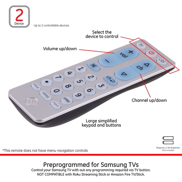 GE 2-Device Big Button Universal TV Remote Control in Silver