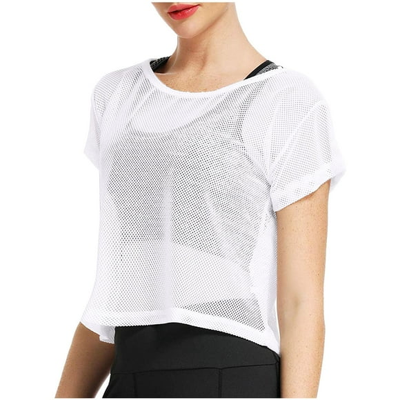 White Tshirts for Women Sheer Mesh Fishnet T-Shirt Crop Top Short Sleeve Net Tee Shirt Womens Shirts