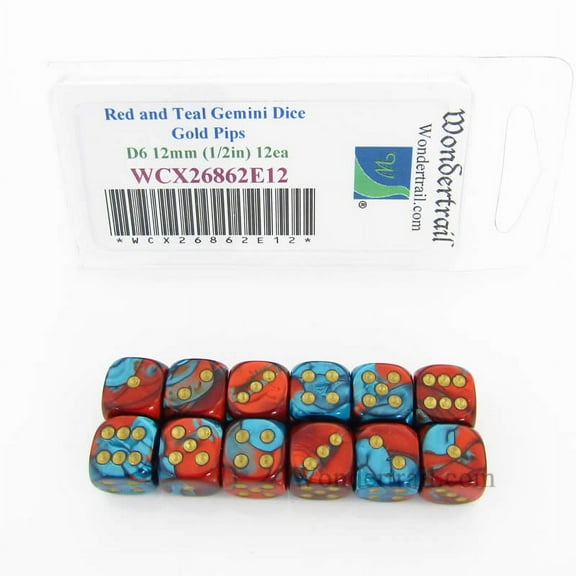 Red and Teal Gemini Dice with Gold Pips 12mm (1/2in) D6 Set of 12 Wondertrail