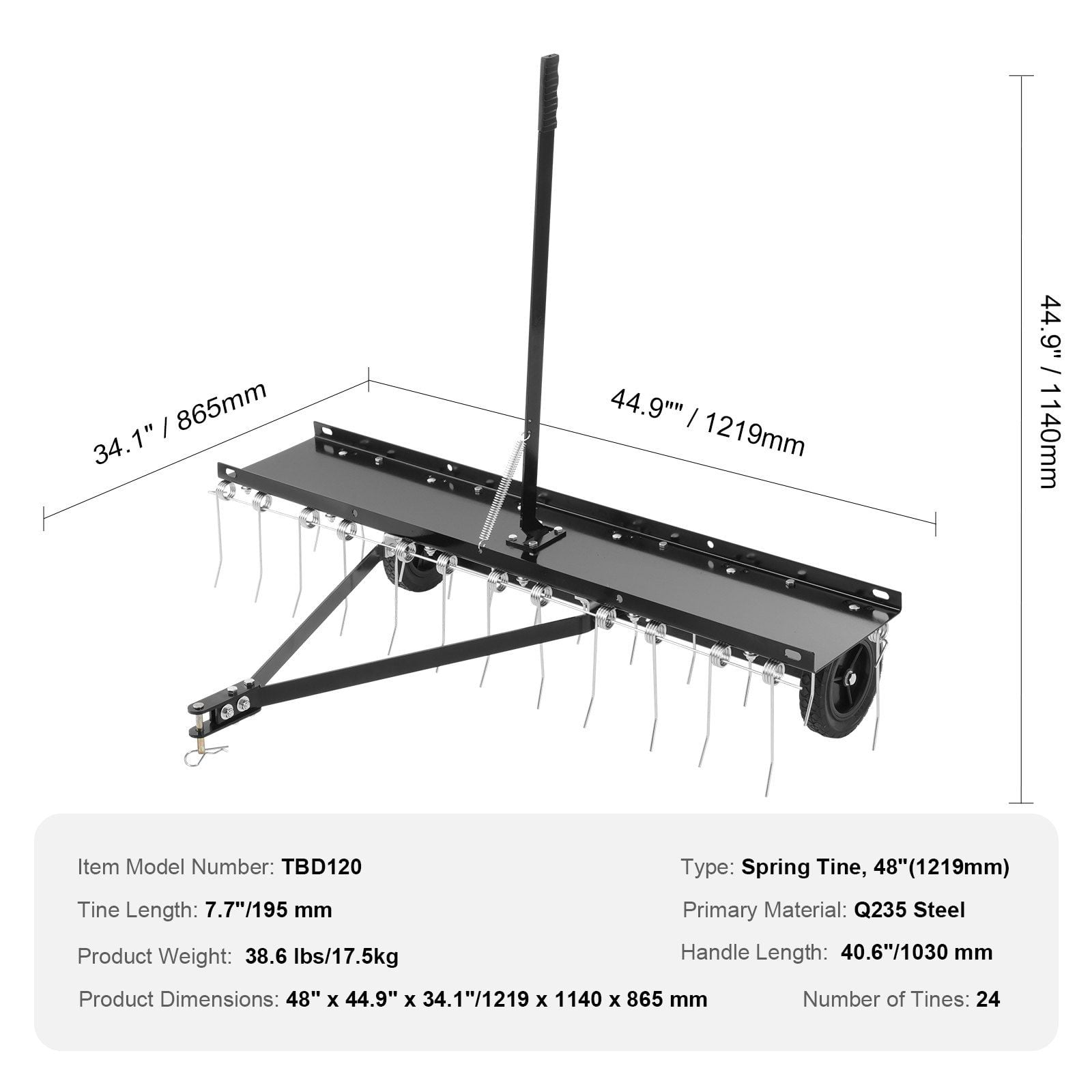 Tow Behind Dethatcher, 48-inch Tow Dethatcher with 24 Spring Steel Tines, Lawn Dethatcher Rake for ATV or Mower, Tow Behind Lawn Rake with Lift Handle for Garden Farm Grass