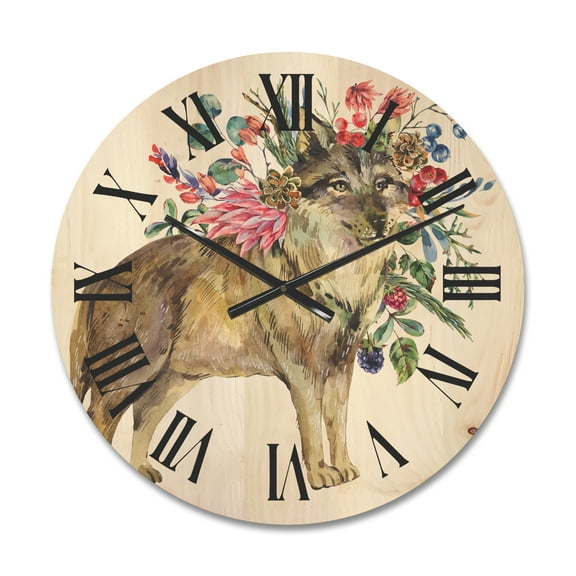 Designart 'Wolf With Woodland Flowers On White' Farmhouse Wood Wall Clock