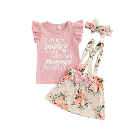 

Eyicmarn Toddler Kids Girls Suit Letter Printed Fly Sleeve Tops+Floral Printed Suspender Skirt+Headband