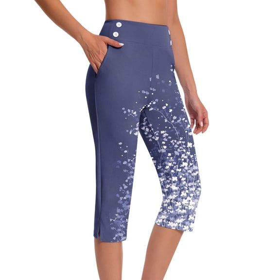 Costeam Womens High Waist Gradient Color Capri Pants with Side Buttons and Pockets Casual Slim Fit Cropped Trousers