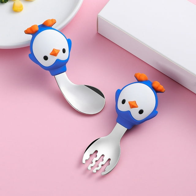 Oleegame 1PC Stainless Steel Cutlery Set Toddler Utensils Baby Spoon And Fork Set For Self Feeding Learning Bendable Handle Silverware For Kid Children Blue