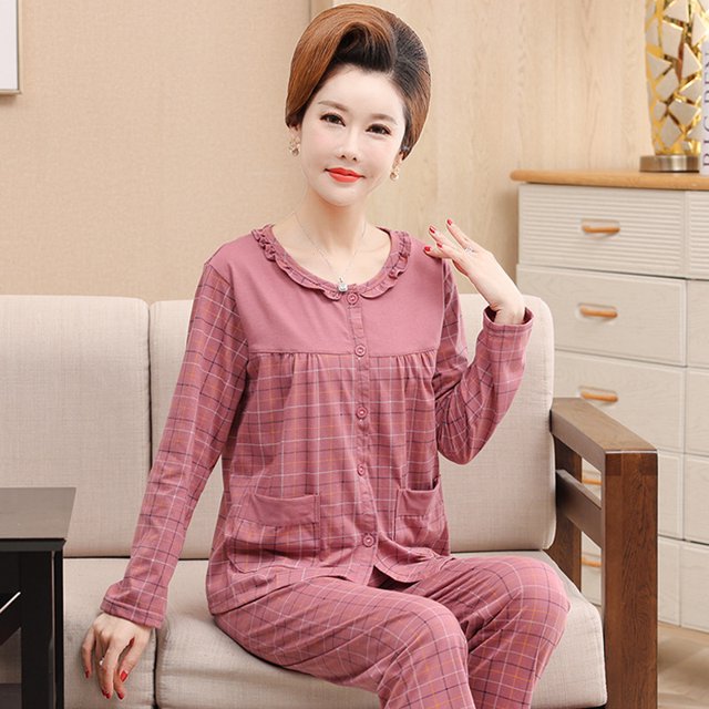 REDHOTYPE Mode Pyjama de Maman Floral Femmes Printemps et Automne Pur Coton Manches Longues Col Rond Confortable Cardigan en Vrac Grande Taille Homewear Set