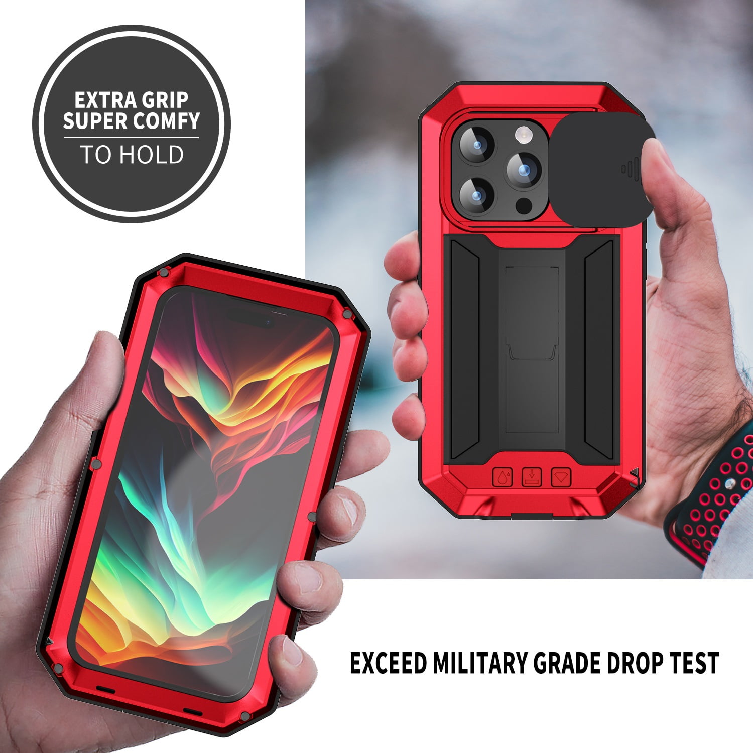 Heavy Duty Rugged Case for iPhone 15 Pro Max with Camera Lens Sliding Kickstand, Triple-Layer Military Grade Metal Frame Shockproof Cover with Screen Protector Dustproof Protective Case,Red