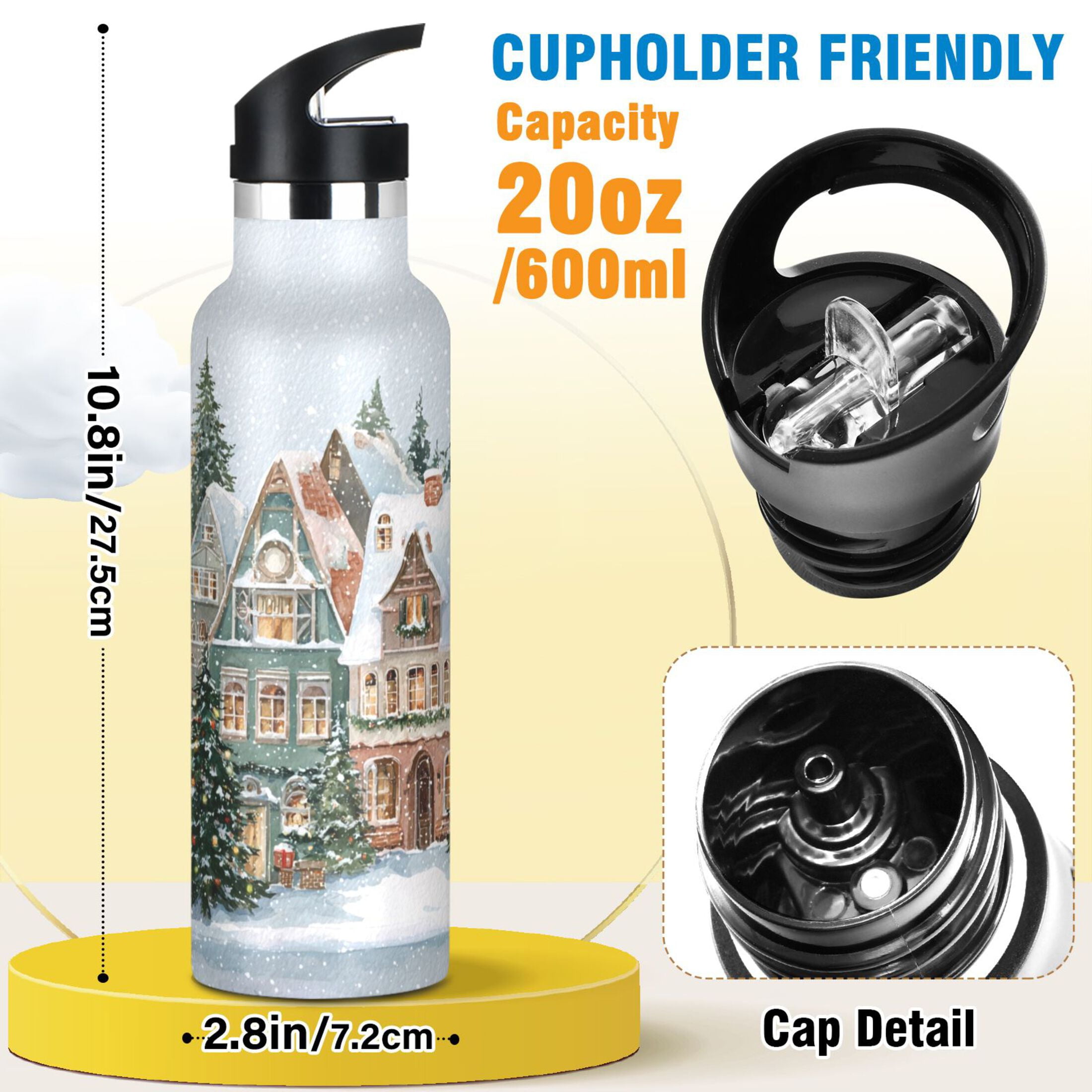 Kids Insulated Stainless Steel Sports Water Bottle 600ml (20oz) Cozy Winter Town with Snow