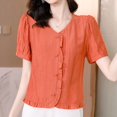 thumbnail image 3 of JUNWELL 2024 New Solid Color Women‘s Summer Casual Versatile Cardigan Button Spliced Ruched Ruffles Loose V-neck Short Sleeve Shirt Tops, 3 of 7