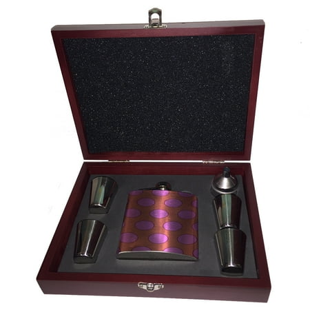

KuzmarK 6 oz. Stainless Steel Flask Set in Rose Wood Presentation Box - Purple Peach Polka Dots