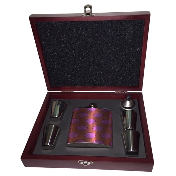 KuzmarK 6 oz. Stainless Steel Flask Set in Rose Wood Presentation Box - Purple Peach Polka Dots