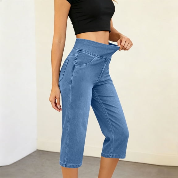 Guieoi Jeans for Women Plus Size 2026 Trendy Stretch-Waist Pocketed 7/8-Length Stretchy Denim Pants Trousers Clothing Blue XXXL