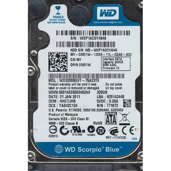 WD3200BEVT-75A23T0, DCM HHCTJHB, Western Digital 320GB SATA 2.5 Hard Drive