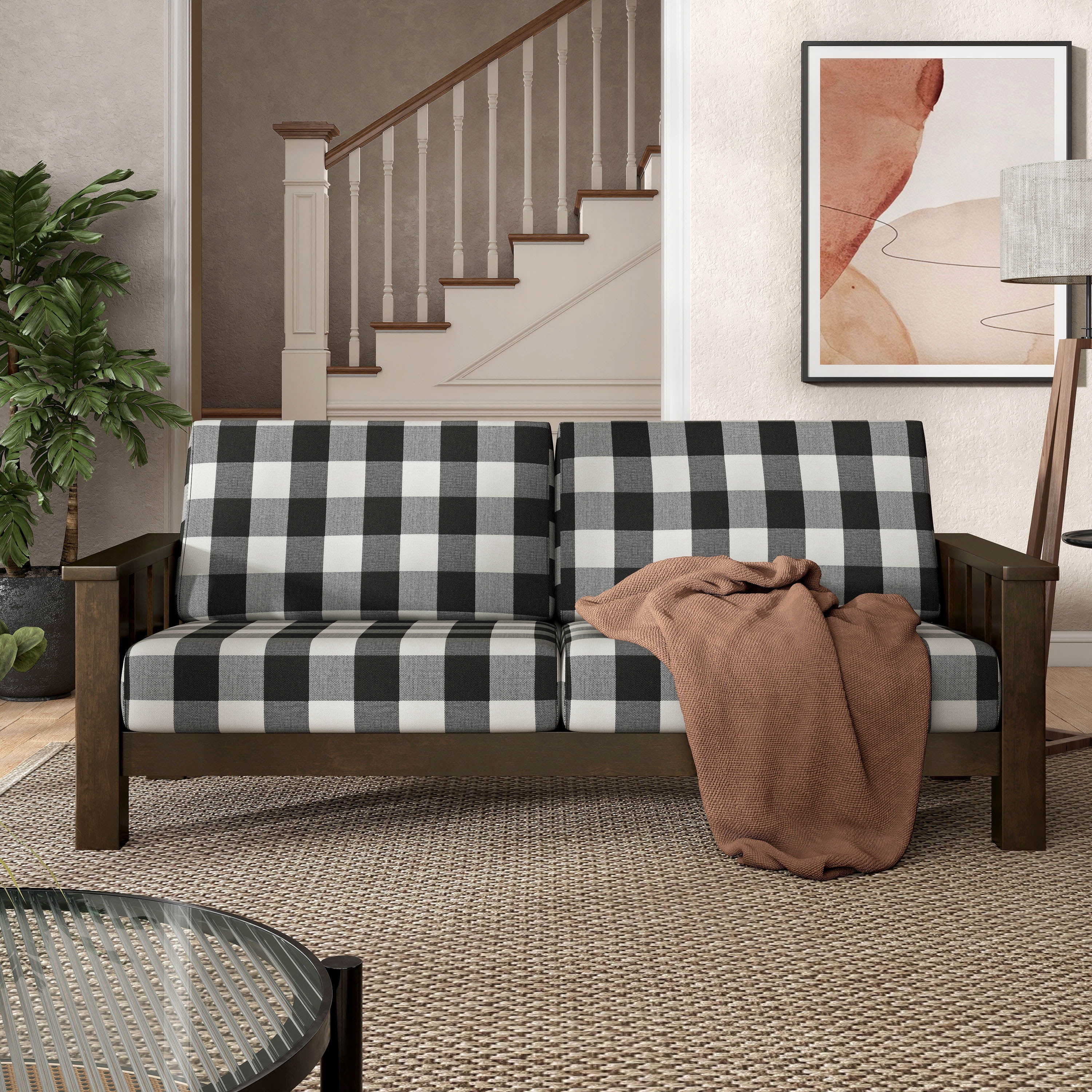 Furniture of America Mell Rustic Solid Wood Plaid Pattern Cushion Sofa, Dark Walnut