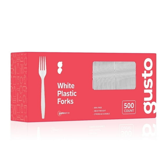GUSTO Plastic Forks Bulk Pack Heavy Duty Disposable Silverware, White 500-Pack