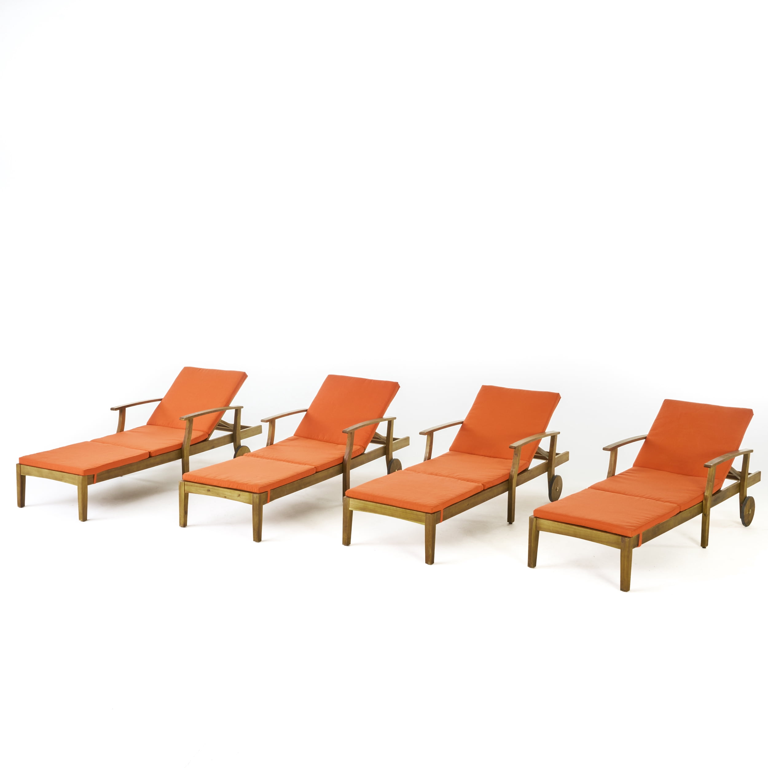 Mavis Outdoor Chaise Lounge With Cushion, Set of 4, Teak Finish, Orange