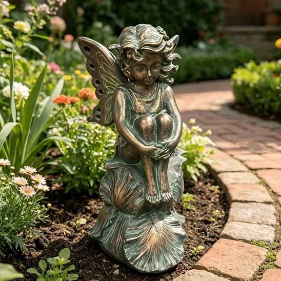 Fairy Garden Statue, Bronze Patina Resin Figurine, Indoor Outdoor Decor