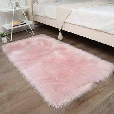 Ghouse Rectangular Pink Area Rug 3x4 feet, Thick and Fluffy Faux Sheepskin Machine Washable Rectangular Plush Carpet, Faux Sheepskin Rug for Living Room, Bedroom, Kids Room