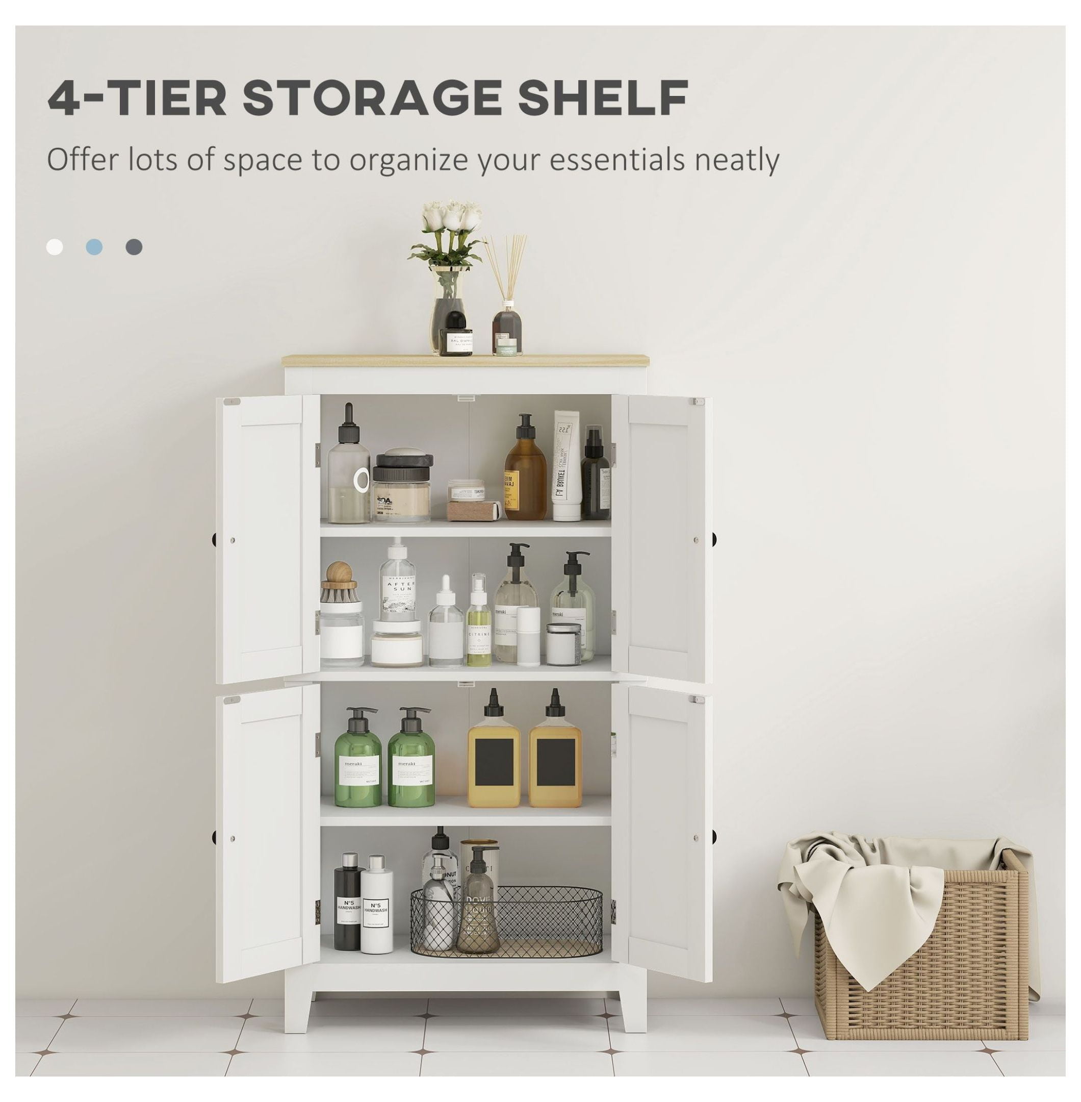 Bathroom Storage Cabinet, White Floor Cabinet with Doors & Adjustable Shelves
