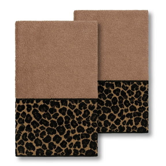 Authentic Hotel and Spa  Turkish Cotton Cheetah Jacquard Trim Latte Brown 2-piece Hand Towel Set