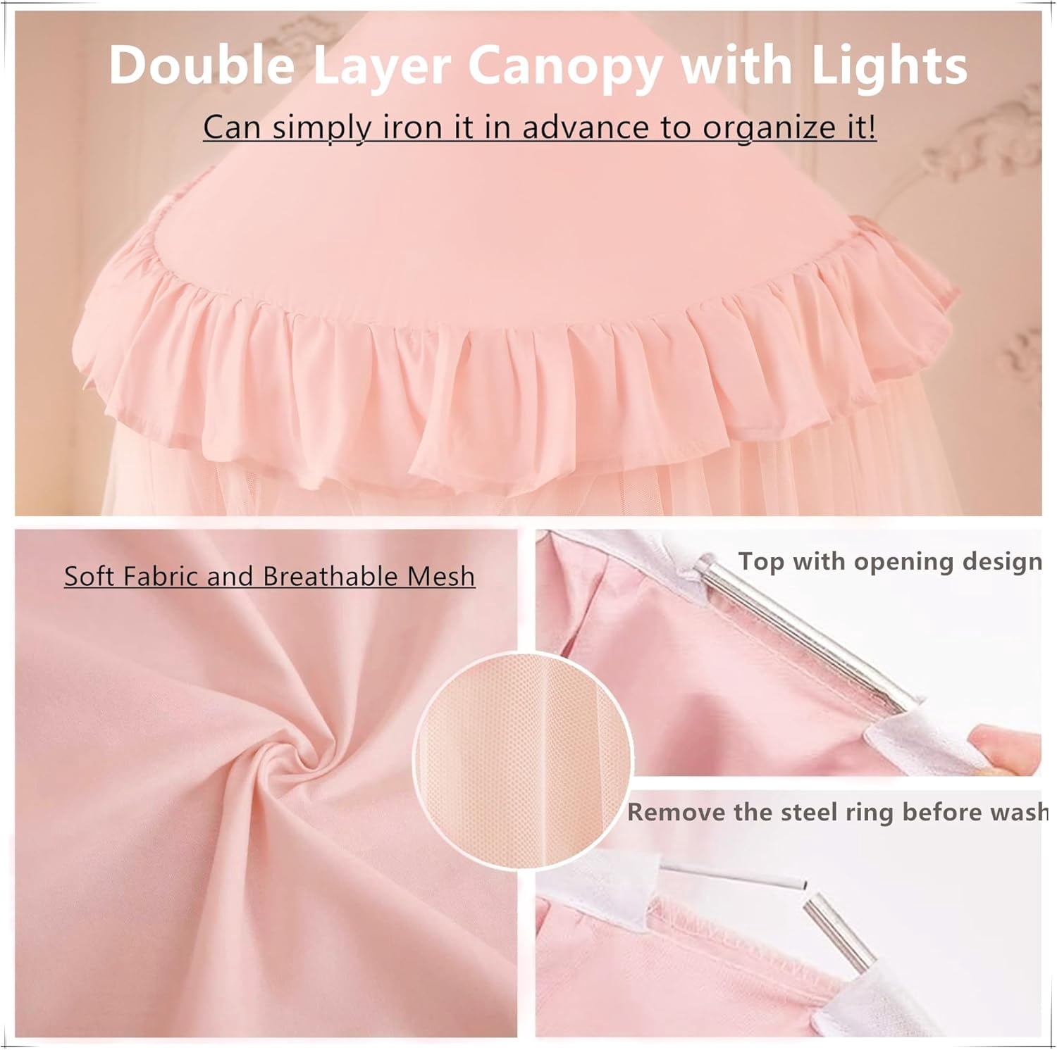 Princess Bed Canopy for Girls, Double Layer Canopy with 250pcs Warm White Curtain Lights, Fits Twin/Full Bed - Fairy Bed Tent for Kids Room Decor,Pink