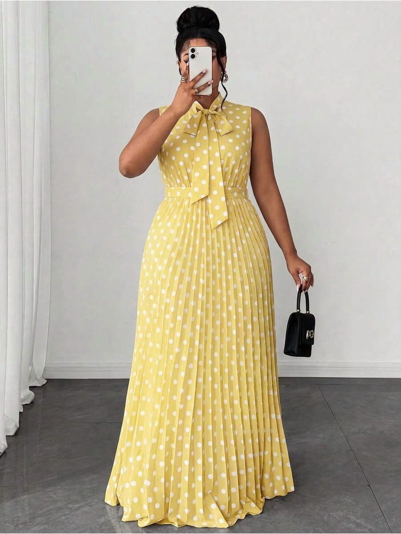 formal yellow plus size dress Sleeveless Polka Dot Maxi With Collar Bow, Tie Waist, Pleated Flared Skirt For Elegant Casual Wear Q1d